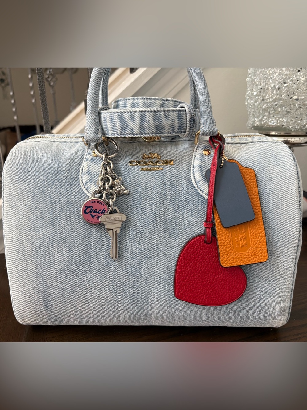 Coach Outlet Rowan Large Satchel Bag In Loved Denim With Charms